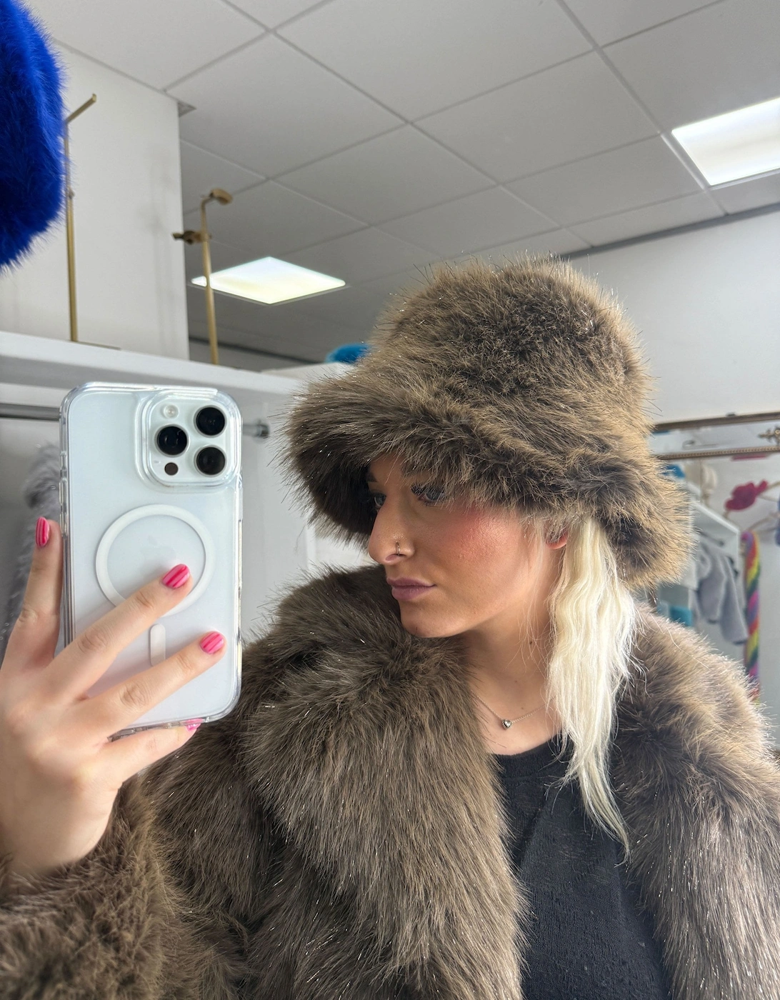 Cream Sparkle Metallic Bamboo Faux Fur Bucket Hat