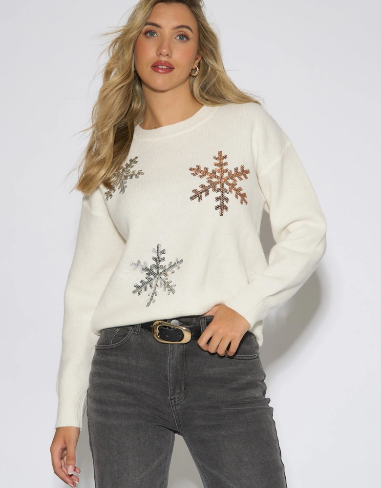 Off White Silver Sequin Snowflake Christmas Jumper
