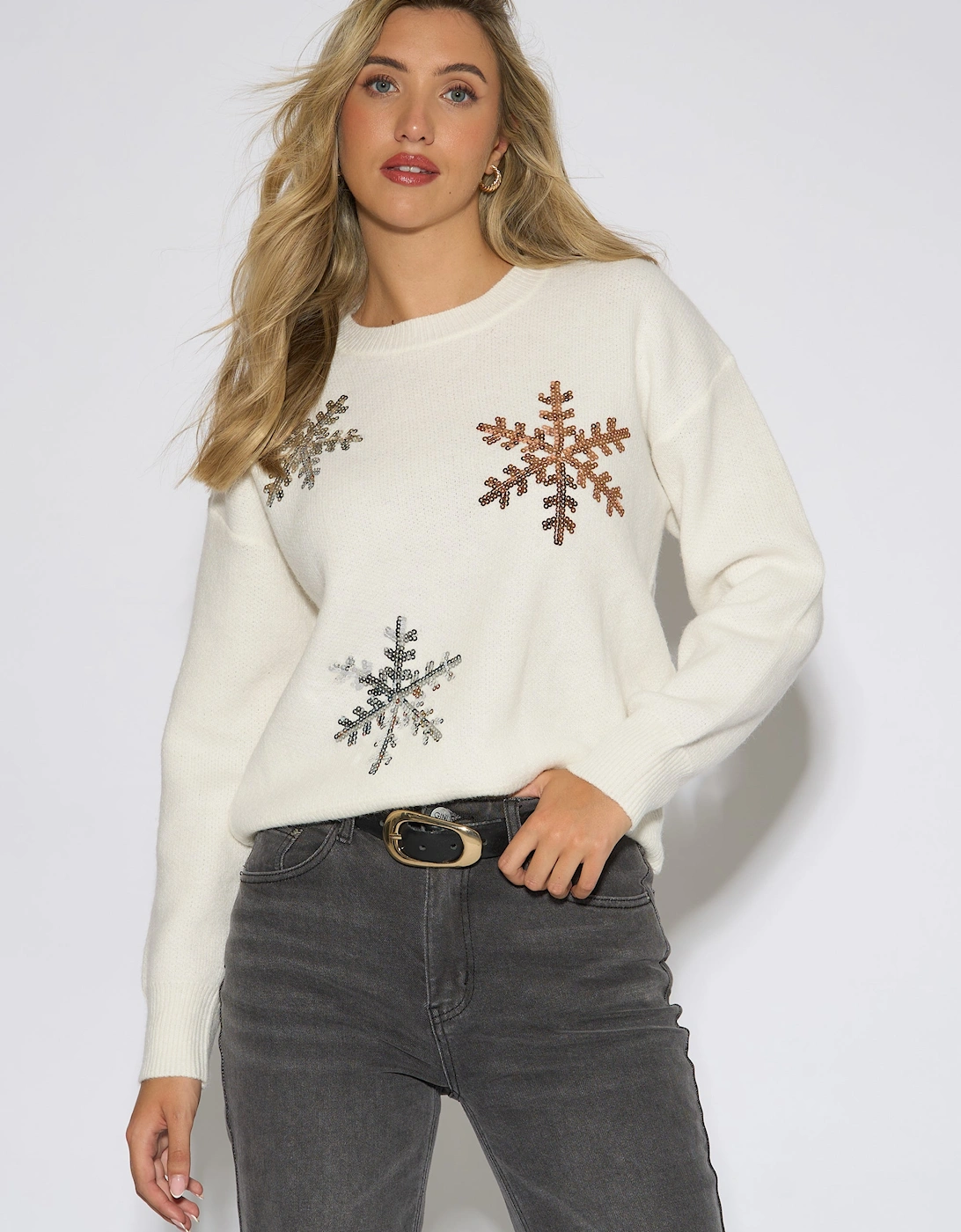 Off White Silver Sequin Snowflake Christmas Jumper