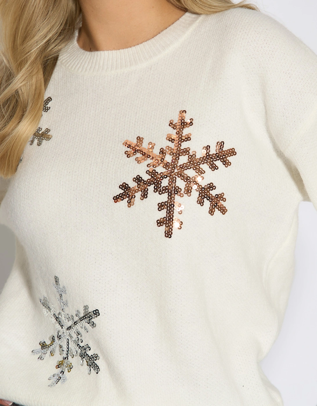 Off White Silver Sequin Snowflake Christmas Jumper