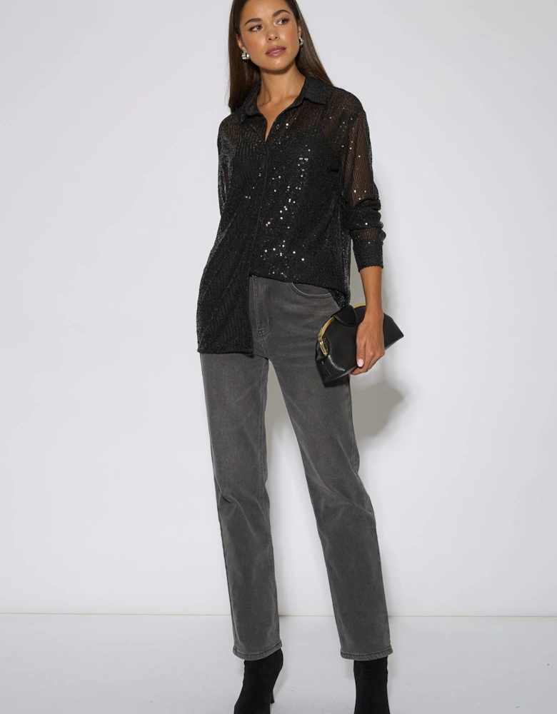 Black Sequin Long Sleeves Shirt