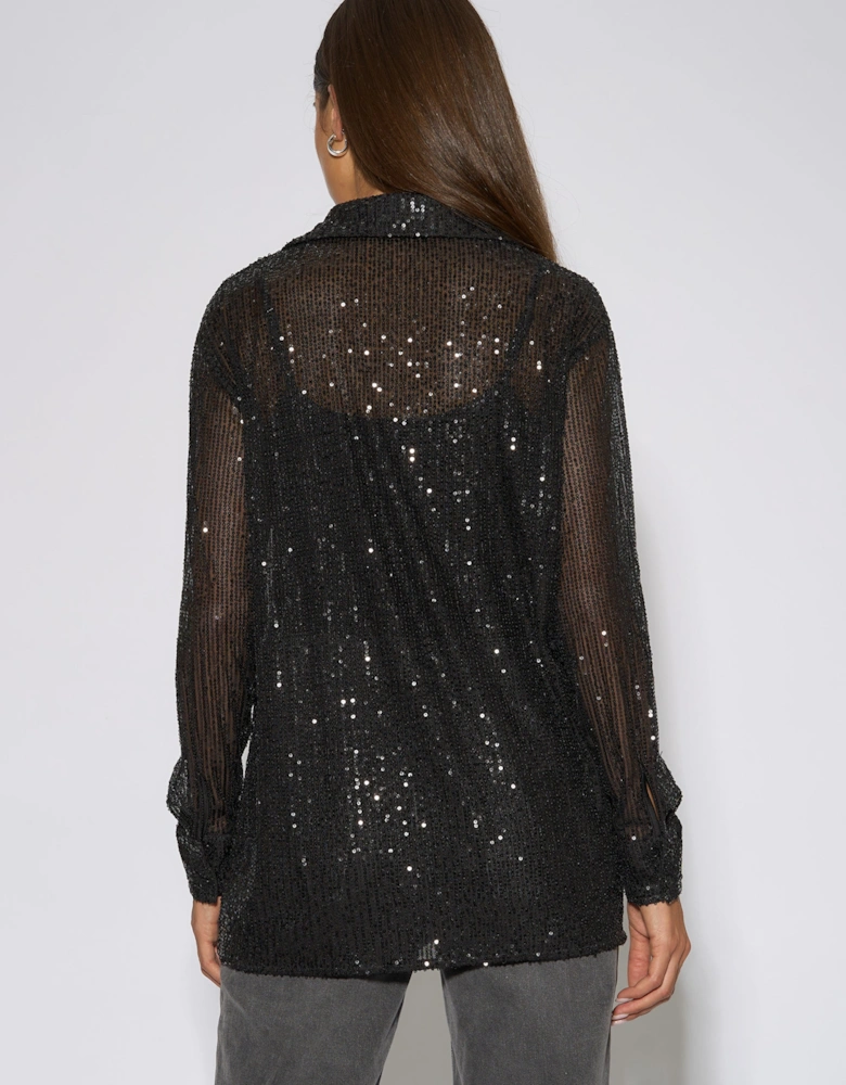 Black Sequin Long Sleeves Shirt