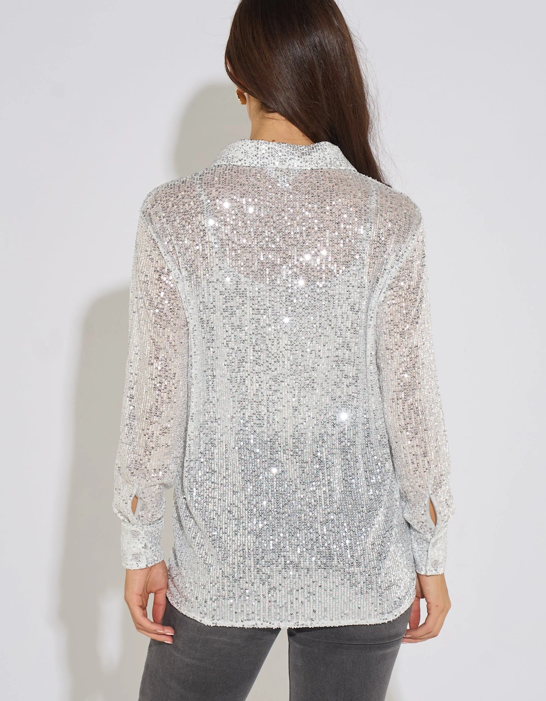 Silver Sequin Long Sleeves Shirt