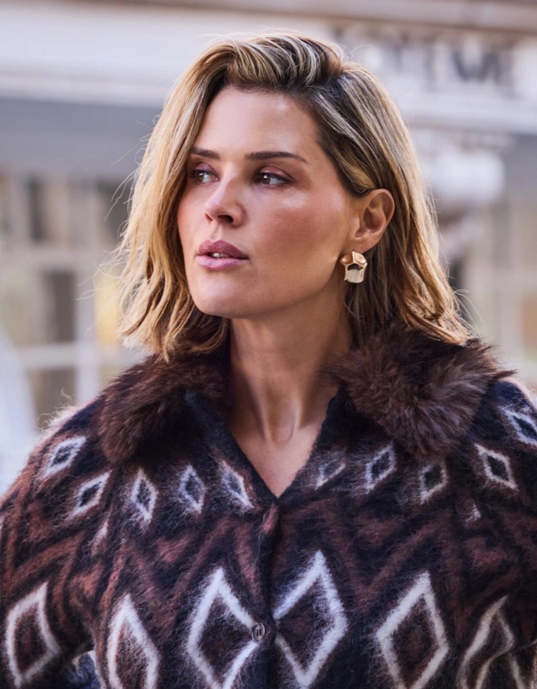 Brown Fair Isle Mohair Blend Faux Fur Collar Cardigan
