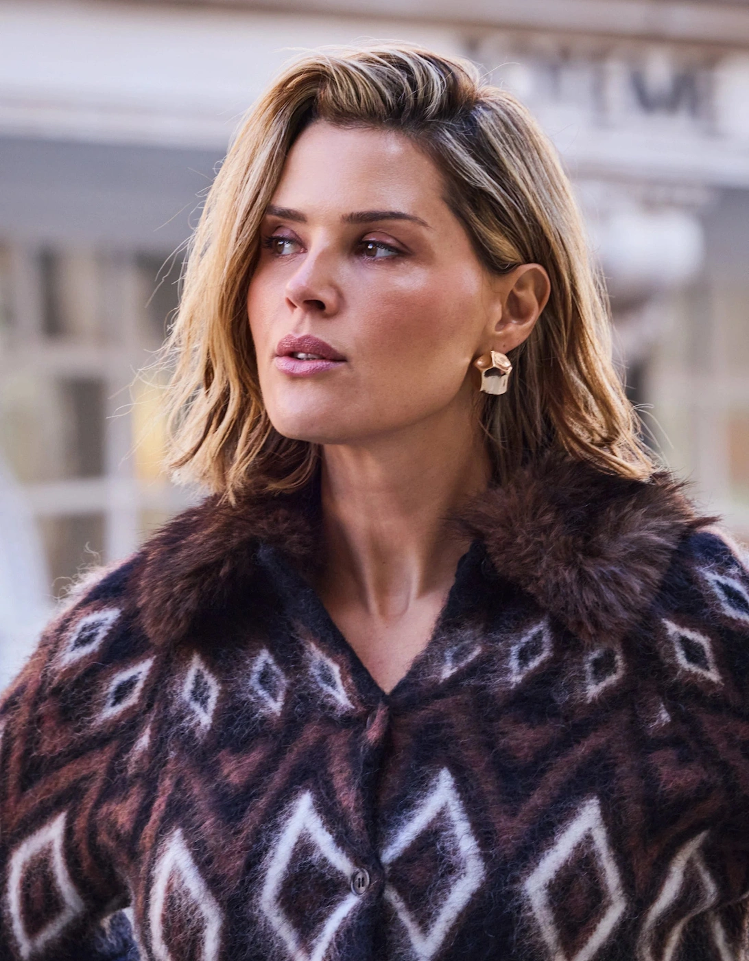 Brown Fair Isle Mohair Blend Faux Fur Collar Cardigan