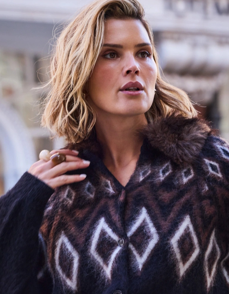 Brown Fair Isle Mohair Blend Faux Fur Collar Cardigan