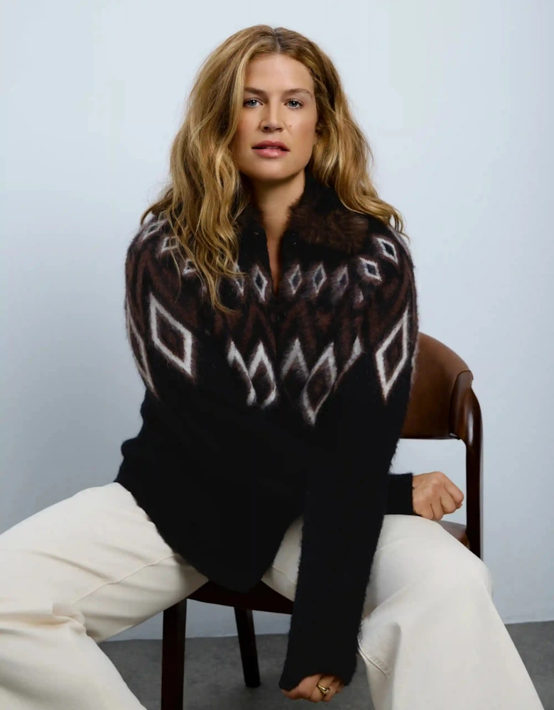 Brown Fair Isle Mohair Blend Faux Fur Collar Cardigan