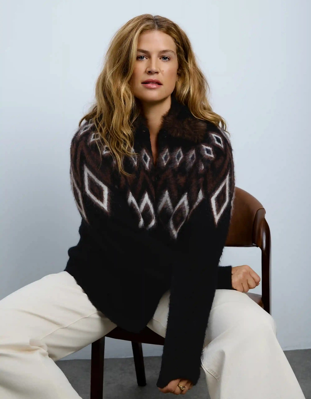 Brown Fair Isle Mohair Blend Faux Fur Collar Cardigan