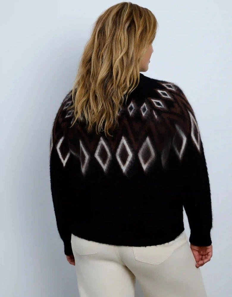 Brown Fair Isle Mohair Blend Faux Fur Collar Cardigan
