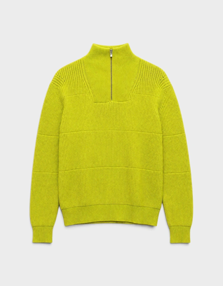 La Maille Doce Ribbed Knit Quarter-Zip High Neck Sweater Lime Green