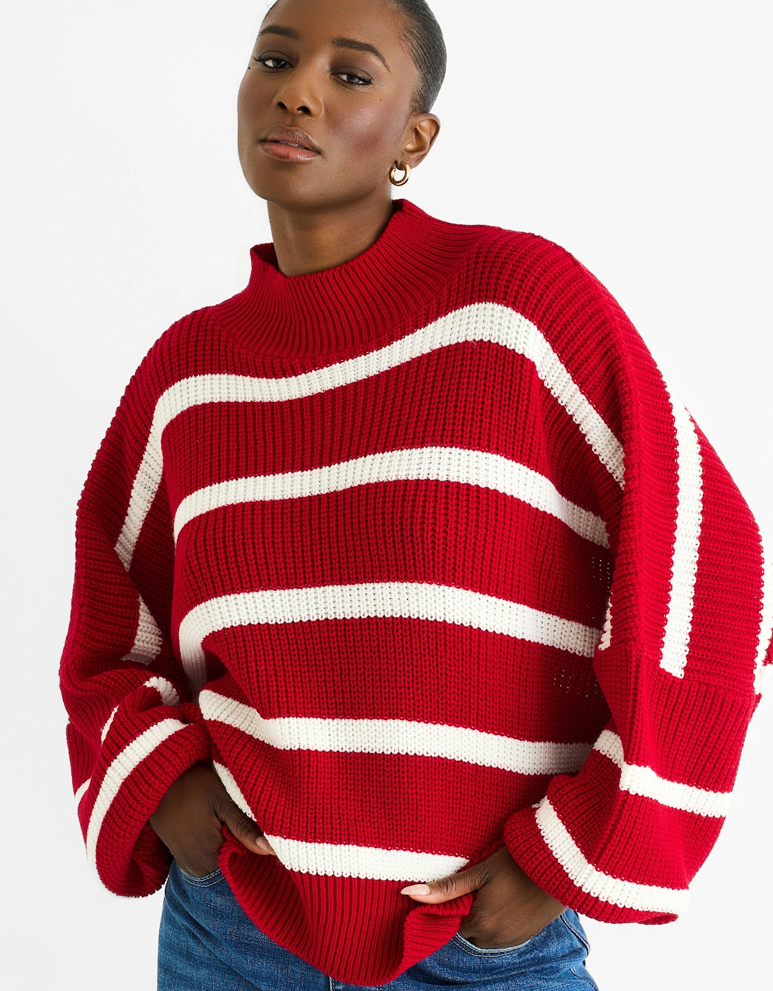 Red Chunky Knit High Neck Jumper