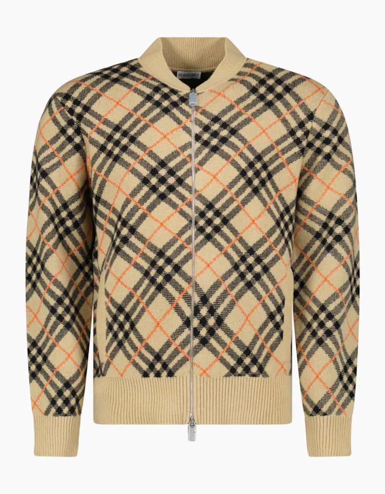 Burberry Check Cashmere Zip Cardigan Beige