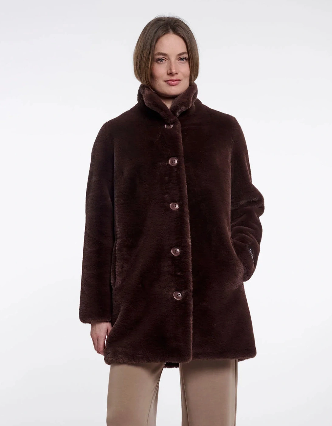 Rino & Pelle Nonna Womens Single Breasted Faux Fur Coat - Coffee Roast