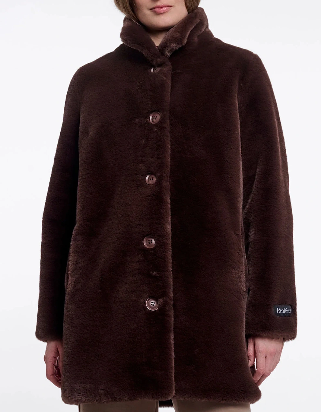 Rino & Pelle Nonna Womens Single Breasted Faux Fur Coat - Coffee Roast