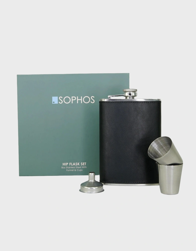 Sophos 4 Piece 8oz Hip Flask Gift Set - Silver & Black Finish