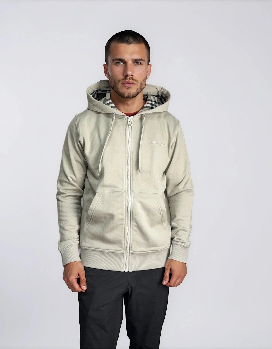 Burberry 'Hove' check Hood Embroidery Logo Hoodie Zip Sweatshirt Lichen