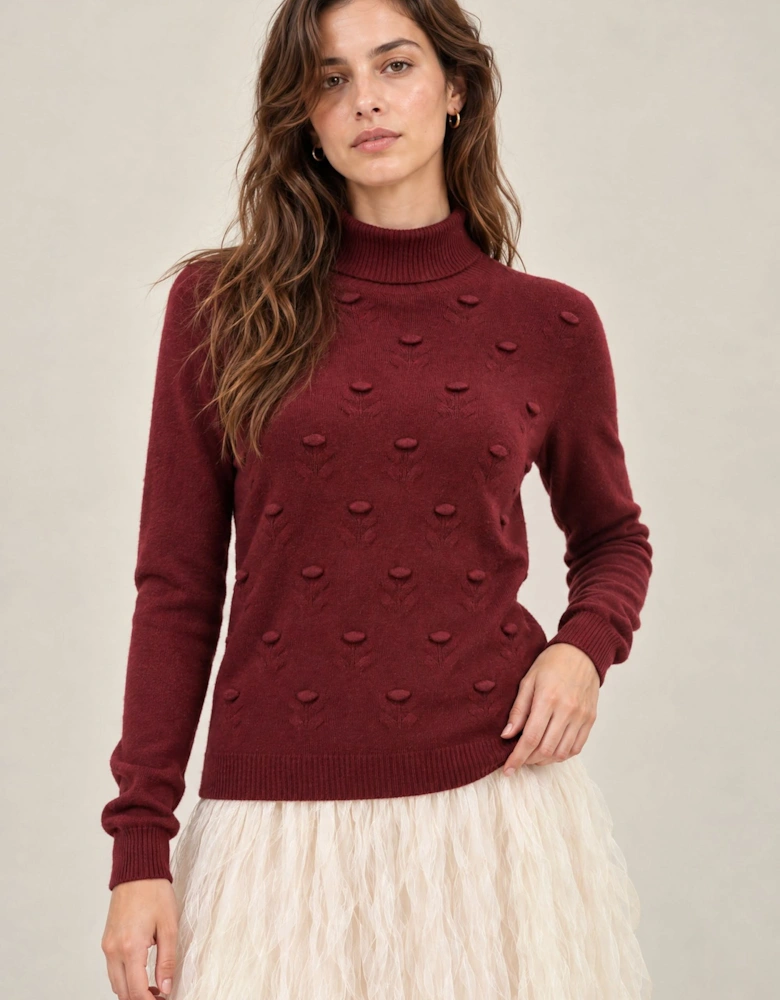 Burgundy Floral Roll Neck Jumper