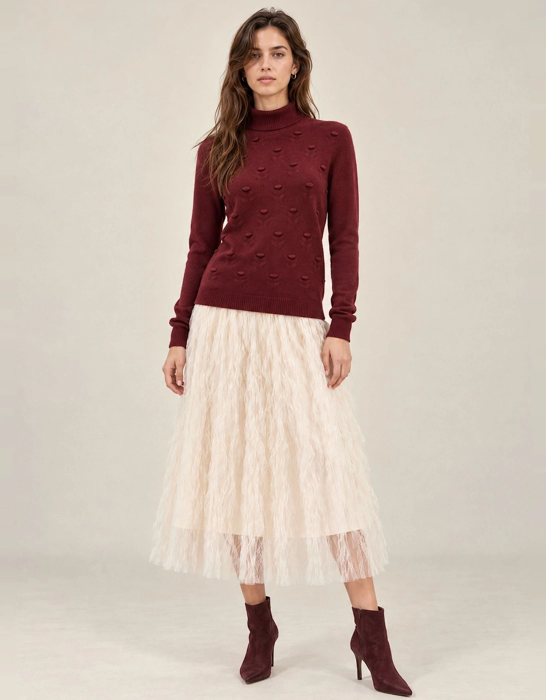 Burgundy Floral Roll Neck Jumper