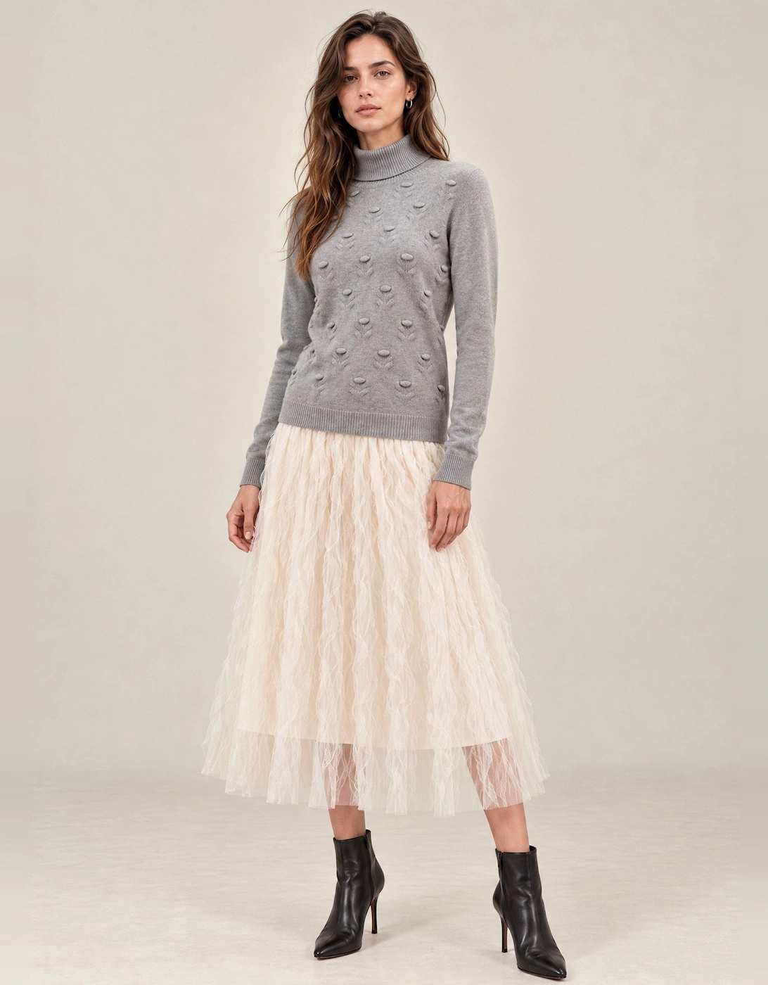 Grey Floral Roll Neck Jumper