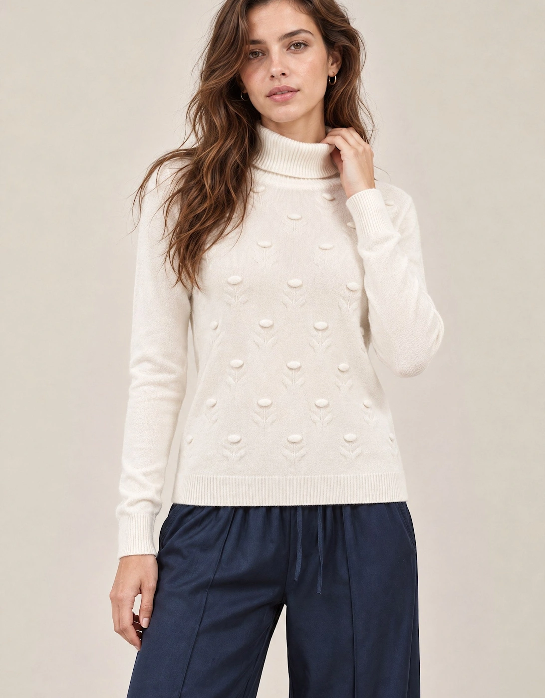 Cream Floral Roll Neck Jumper