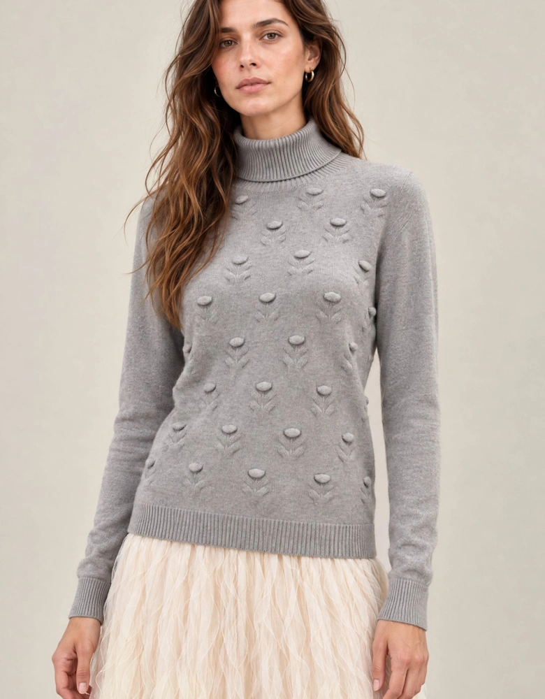 Grey Floral Roll Neck Jumper