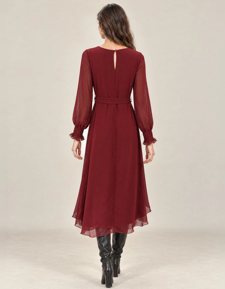 Burgundy Belted Midi Dress
