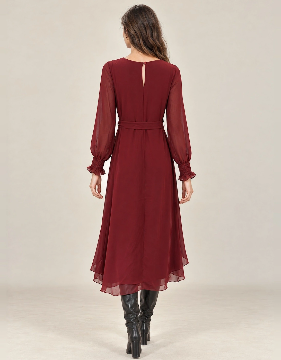 Burgundy Belted Midi Dress