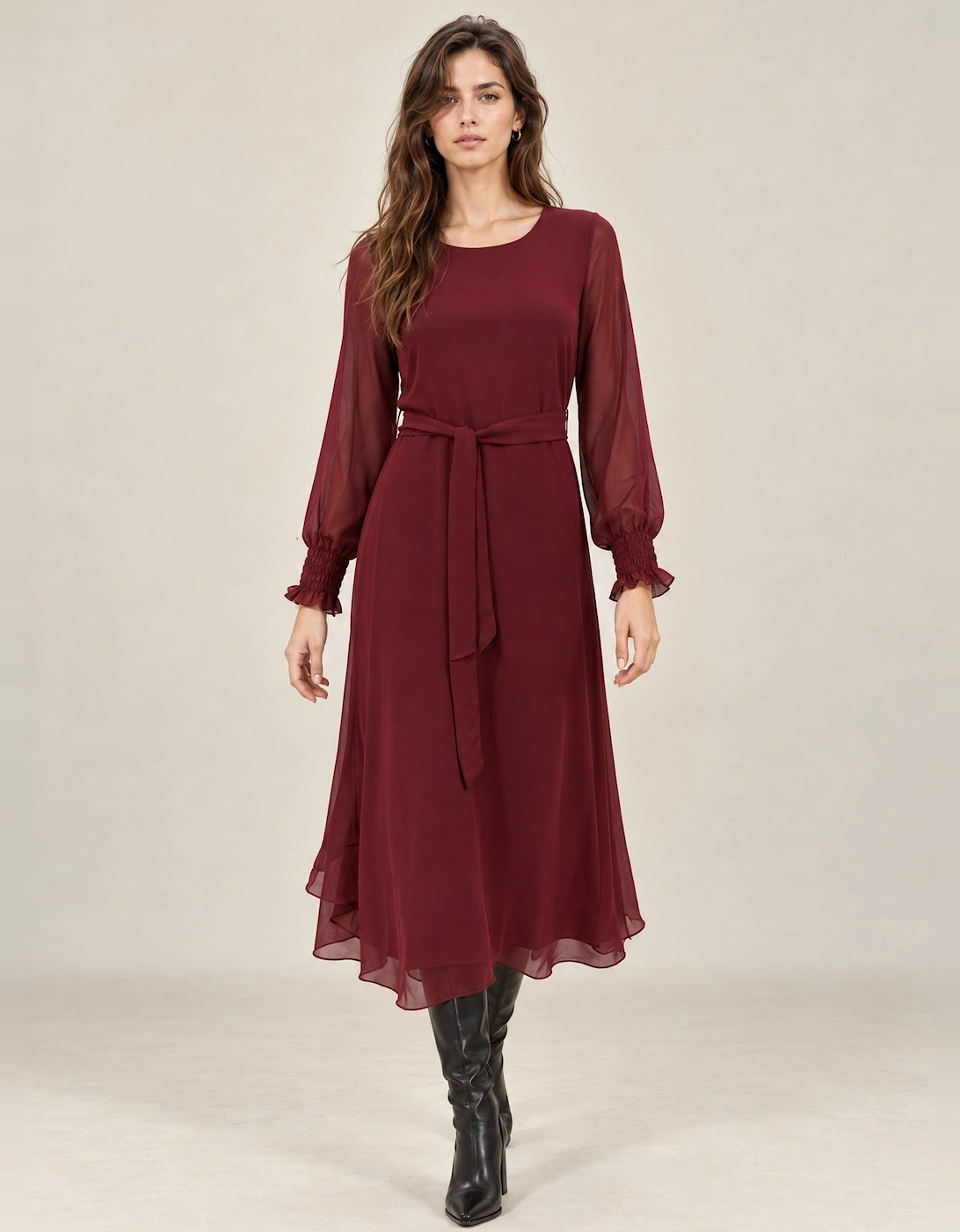 Burgundy Belted Midi Dress