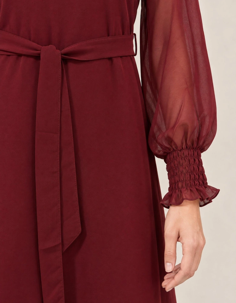 Burgundy Belted Midi Dress