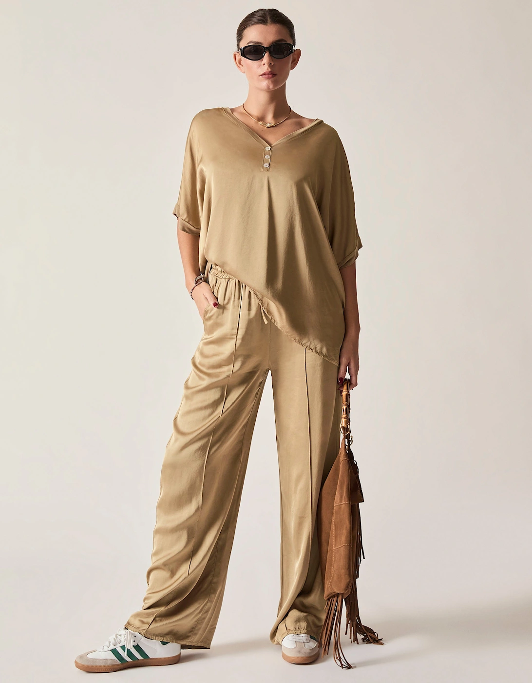 Camel Button Detail Relaxed Fit Top