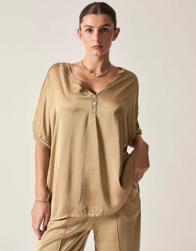 Camel Button Detail Relaxed Fit Top