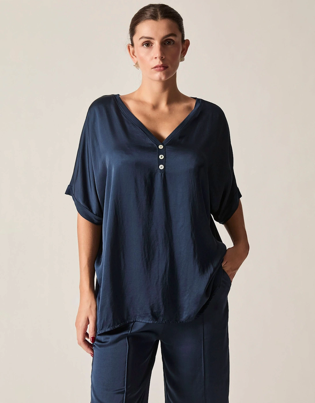 Navy Button Detail Relaxed Fit Top