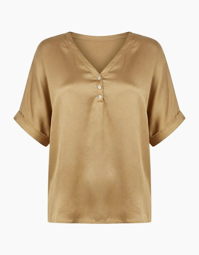 Camel Button Detail Relaxed Fit Top