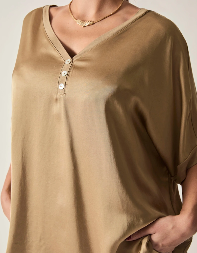 Camel Button Detail Relaxed Fit Top