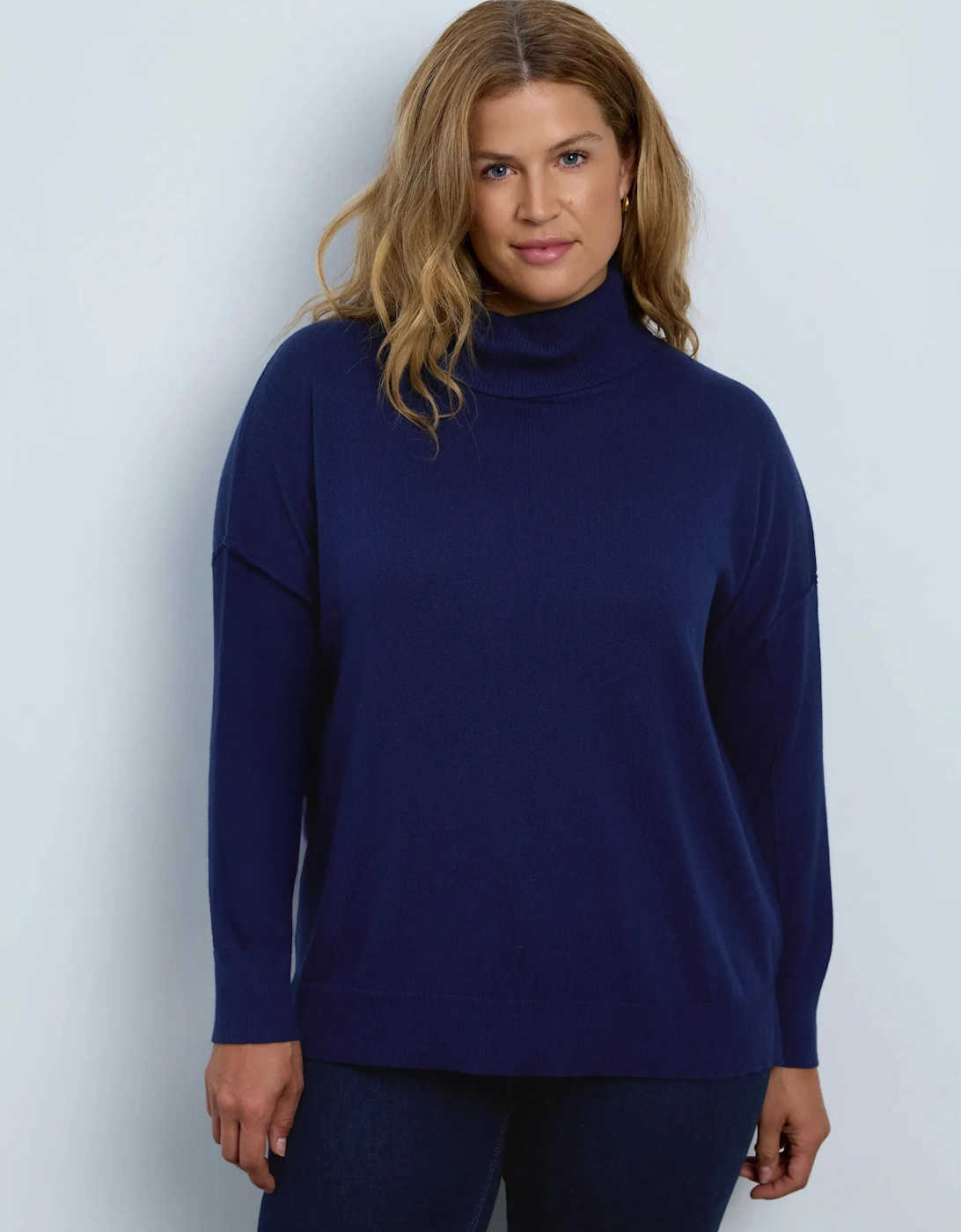 Navy Cotton Cashmere Blend Roll Neck Jumper