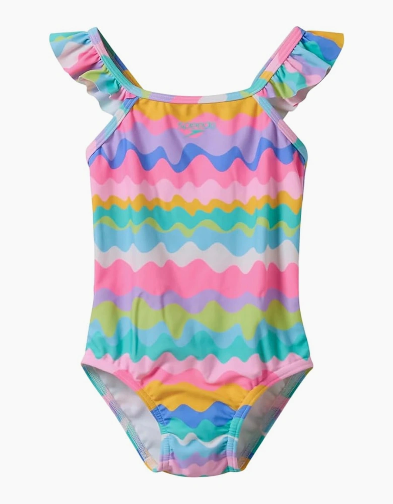 Speedo Girls Abstract Lines Endurasoft Thin Strap Frill One Piece Swimsuit