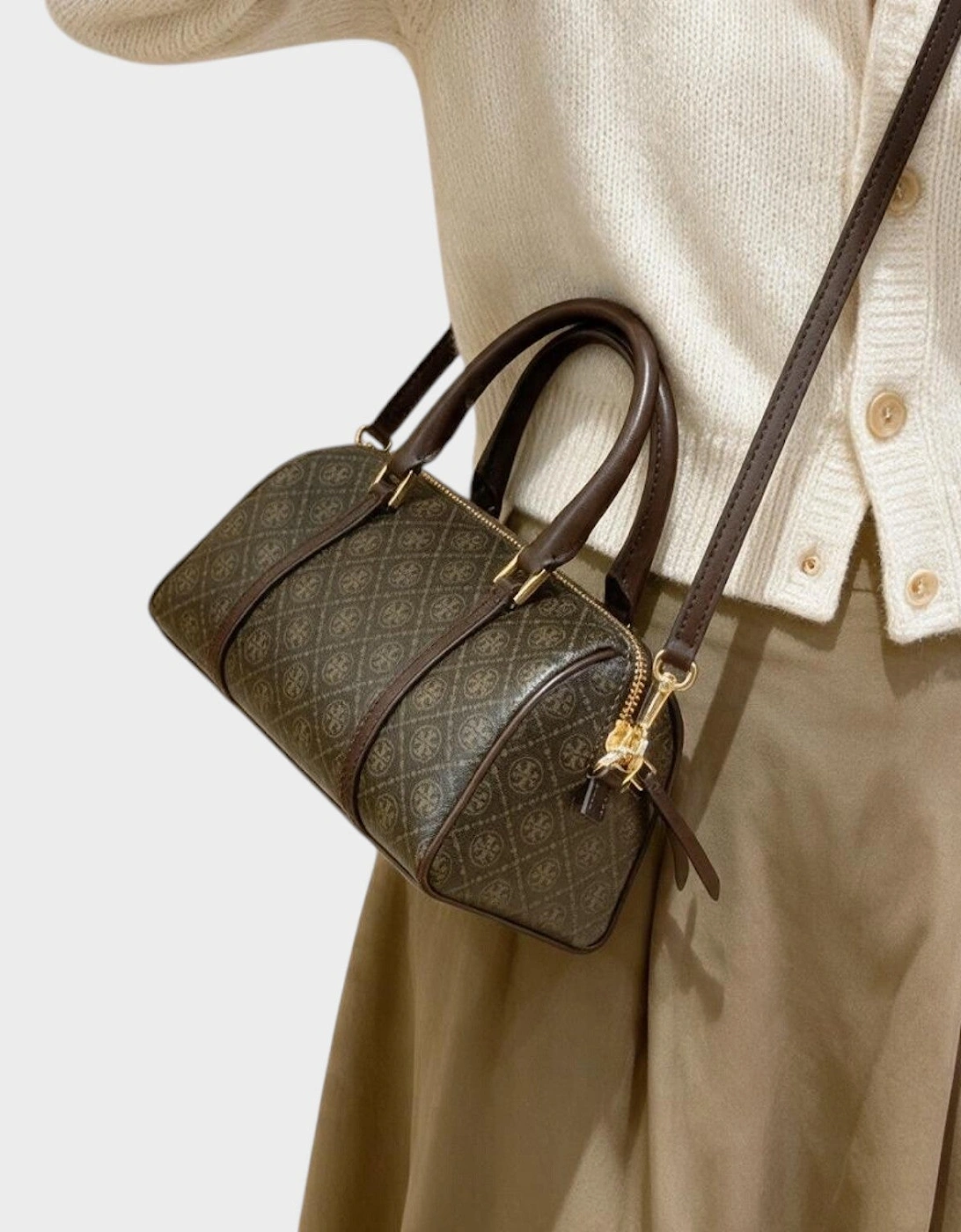 T Monogram Coated Canvas Mini Barrel Bag French Press Brown