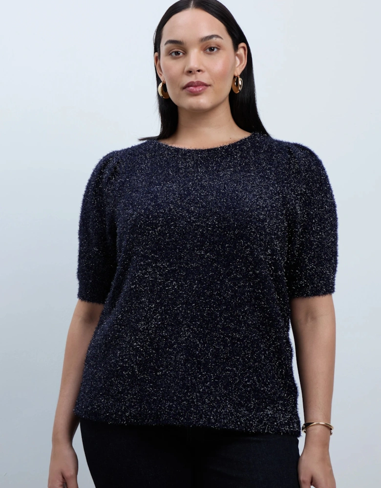 Blue Sparkle Knitted Short Sleeve Jumper