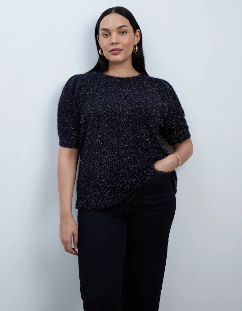 Blue Sparkle Knitted Short Sleeve Jumper