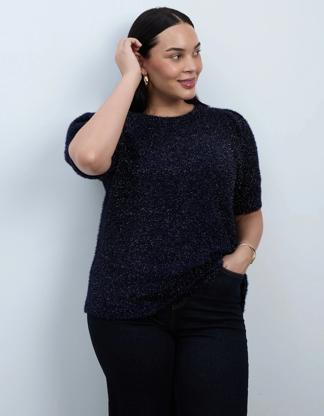 Blue Sparkle Knitted Short Sleeve Jumper