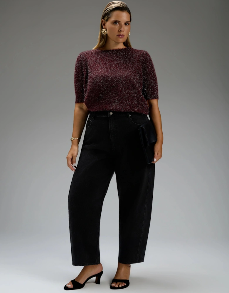 Burgundy Sparkle Knitted Short Sleeve Jumper