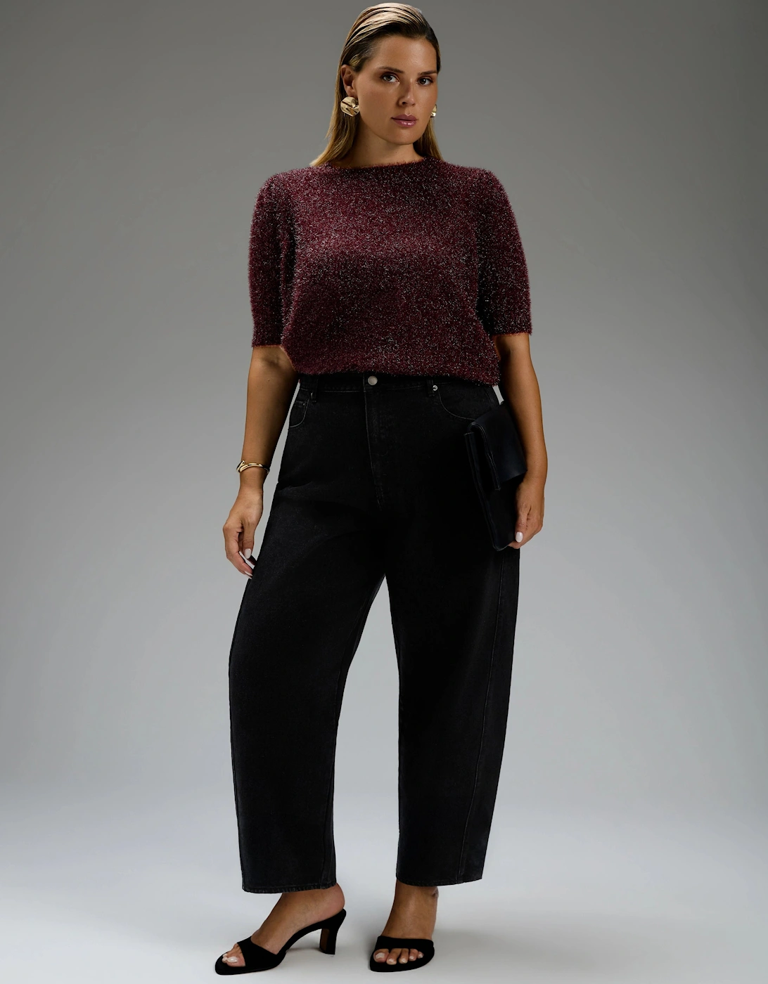 Burgundy Sparkle Knitted Short Sleeve Jumper