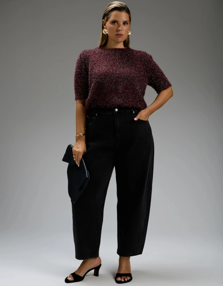 Burgundy Sparkle Knitted Short Sleeve Jumper