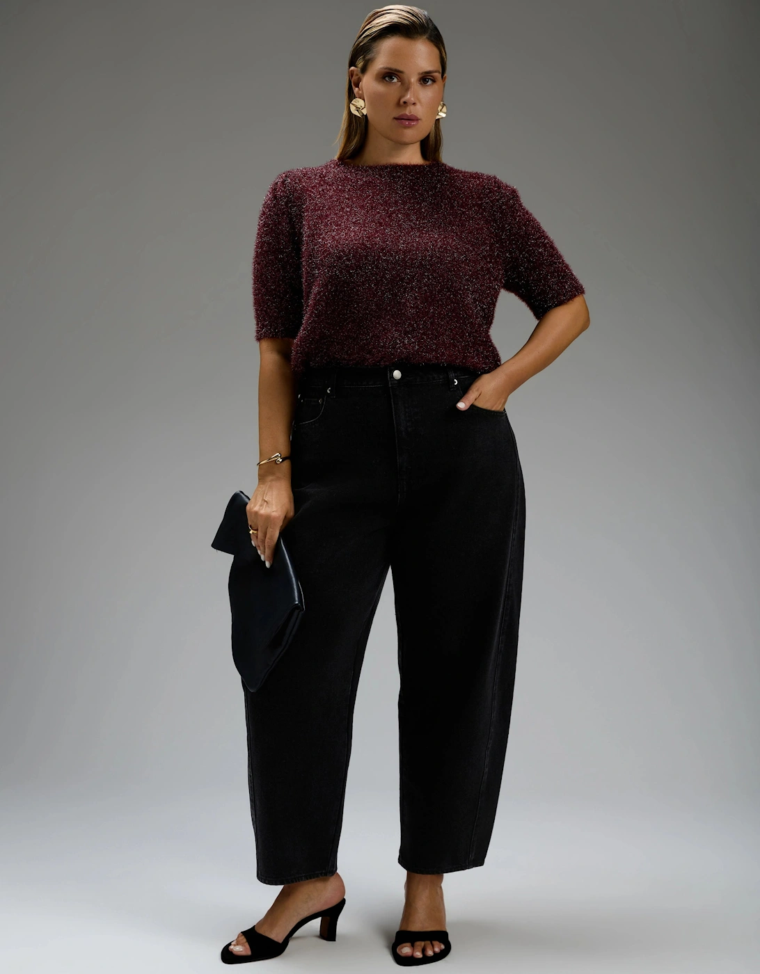 Burgundy Sparkle Knitted Short Sleeve Jumper