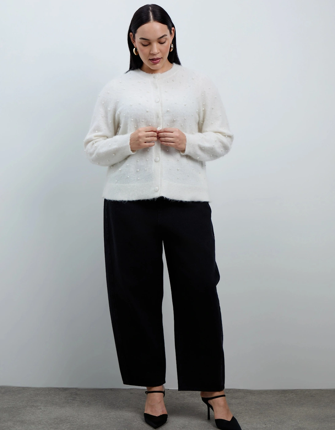 White Pearl Button Through Cardigan With Mohair
