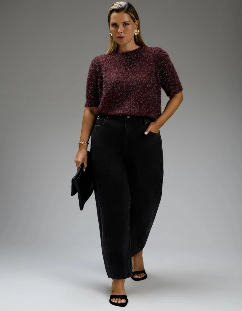 Burgundy Sparkle Knitted Short Sleeve Jumper