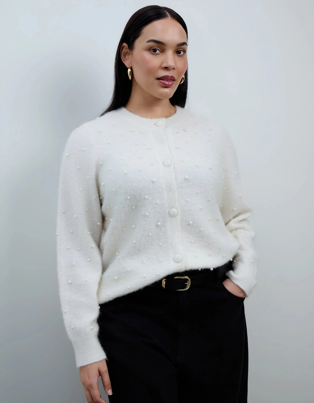 White Pearl Button Through Cardigan With Mohair