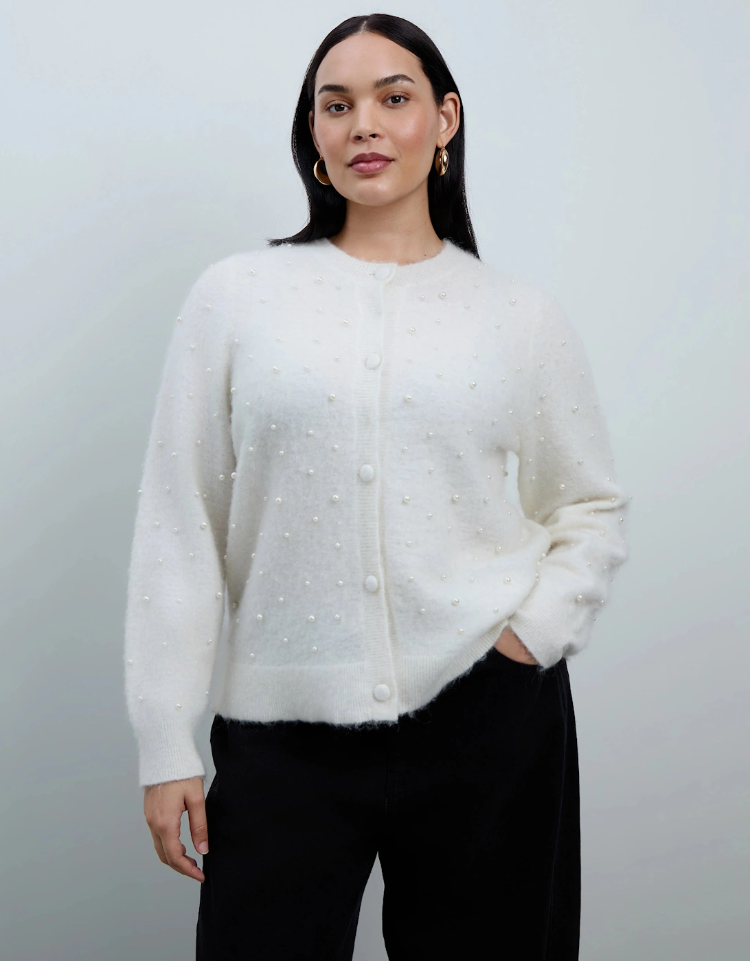 White Pearl Button Through Cardigan With Mohair