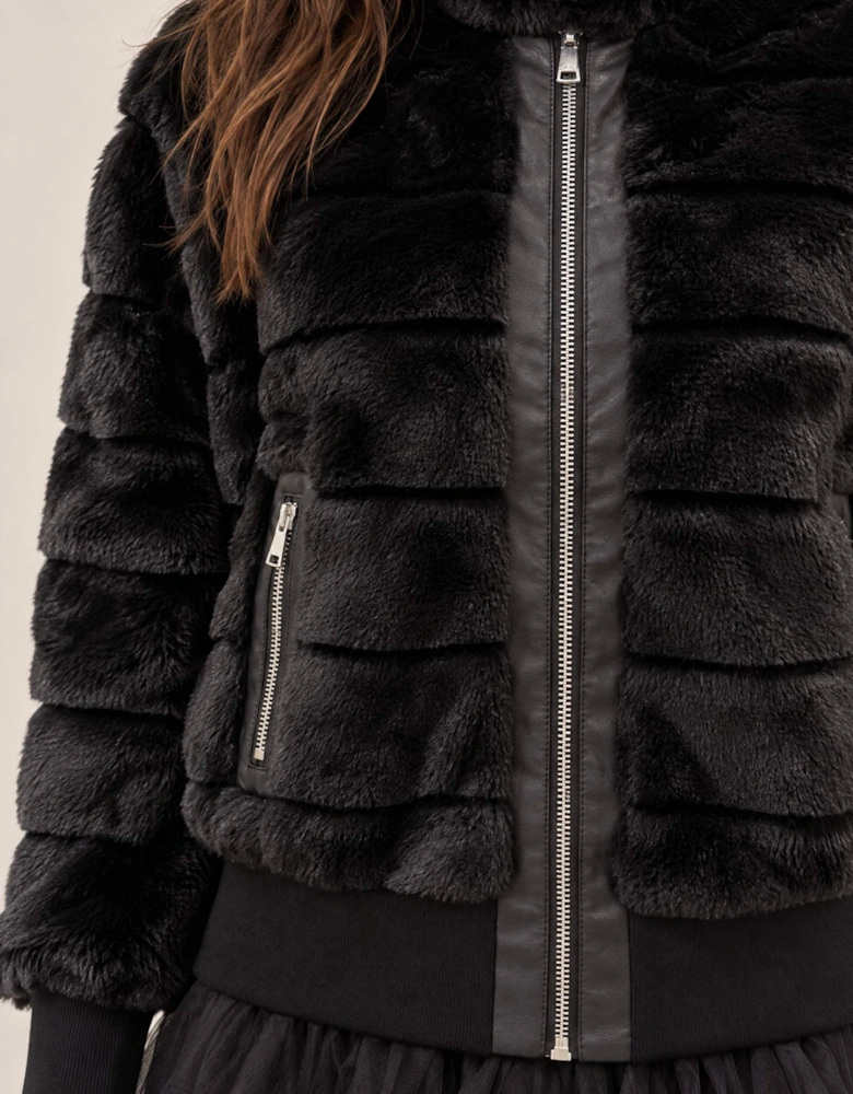 Black Panelled Faux Fur Jacket