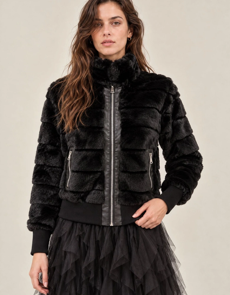 Black Panelled Faux Fur Jacket